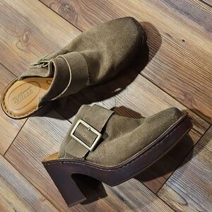 Born Square Toe Tan Leather Buckle Strap Clogs